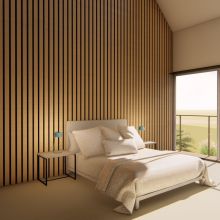 Master bedroom with wooden panelled feature wall
