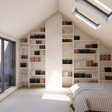A whole gable wall of shelving for books and clothes
