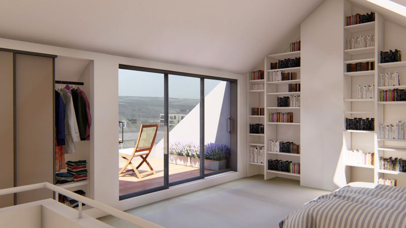 Standing at the top of the stairs, bed, cupboards, shelving and the roof terrace are visible 
